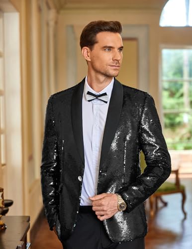Image of COOFANDY Mens Shiny Sequin Blazer Tuxedo Party Dinner Prom One Button Suit Jacket