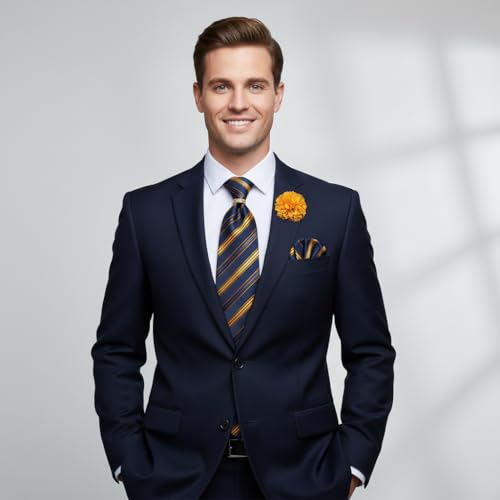 Image of 5PCS Mens Premium Silk Tie, Pocket Square, Cufflinks, Drilled Tie Ring and Lapel Pin Set for Wedding Groom Party
