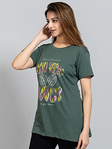 Image of Magknit Fancy Printed Both Side Cut Cotton Blend Half Sleeves and Lightwiegt Trendy Summer Long T Shirt for Women