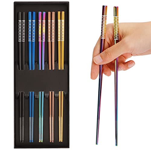 5 pares de palillos de metal reutilizables de acero inoxidable 18/8 palillos grabados con láser titanio apto para lavavajillas palillos de estilo japonés juego de regalo (Estilo2) Cover