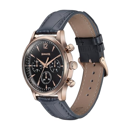 Image of Sonata Wedding Edit Quartz Multifunction Black Dial Leather Strap Watch for Men