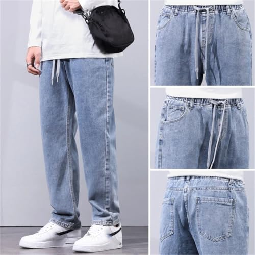 Men Baggy Pants Light Blue Wide Leg Elastic Waist Casual Denim Pants Male Long Trousres3