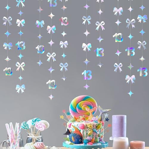 Image of Iridescent 13th Bow Birthday Decorations Glitter Conquette Bow Garland Streamer Banner Backdrop for Girls Boys Happy 13th Birthday Official Teenager Cheers to 13 Years Old Anniversary Party Supplies