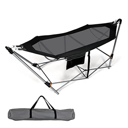 GLOBALWAY Portable Folding Hammock w/Side Pocket, Lounge Camping Bed w/Metal Stand & Anti-tip Buckles, Outdoor Camping Hammock with Carrying Bag for Patio Garden Yard, Easy Assembly (Black)