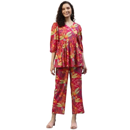Image of DEEBACO Women's Leaf Print Rayon Peplum Top & Pants Co-Ord Set for Women V-Neck Puff 3 /4 Sleeves Ladies Party Casual Wear Fashionable for Girls Relaxed Fit Cord Set (Magenta)