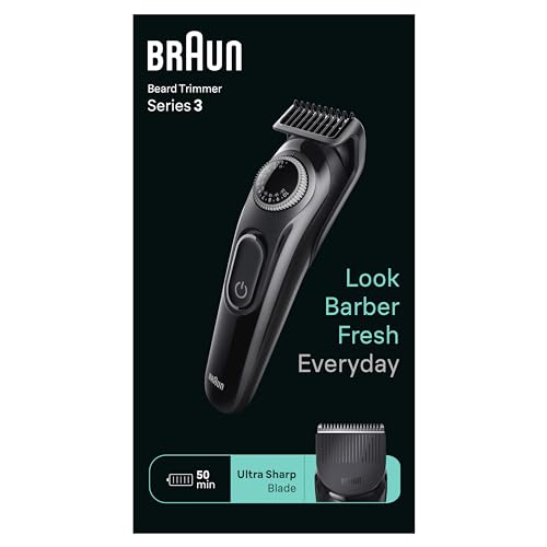 Braun Barttrimmer Series 3, Elektrischer Bartschneider Herren mit 3 Zubehörteile, Ultrascharfe...