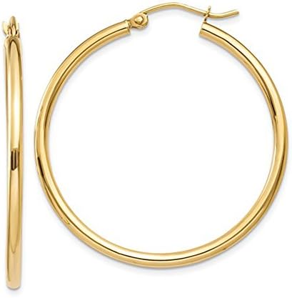 14K Gold Classic Real Hoop Earrings, (2mm Tube)