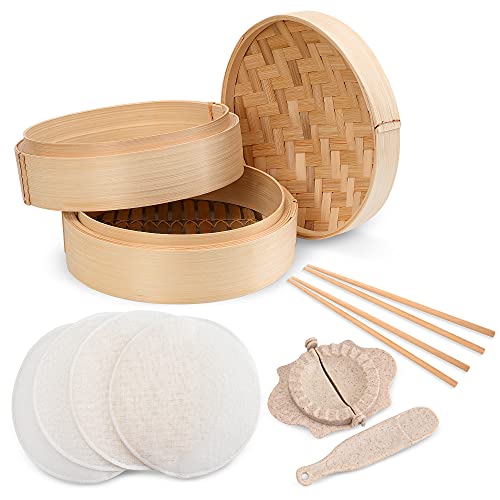 Annieâ€™s Kitchen Premium 10 Inch Handmade Bamboo Steamer Baskets Lid Dumpling Maker with Spoon-4 Reusable Cotton Liners-2 sets Chopsticks- For Rice, Vegetables, Fish, Meat & Desserts (10 Inch- 2 Tiers)
