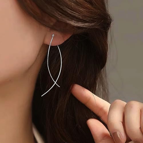 925 Sterling Silver Dainty Hard Wire Threader Dangle Earrings for Women 14k Gold Plated Tassel Threader Pull Through Long Half Hoop Earring Wedding Bridal Christmas Birthday Jewelry Gifts3
