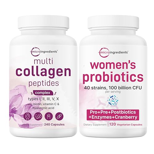 Micro Ingredients 8-in-1 Multi Collagen Pills & Womenβs Probiotics 100 Billion CFU Veggie Capsules | 2 Pack | Hydrolyzed Peptides + Hyaluronic Acid & Vitamin C | 40 Strains + Cranberry & D-M
