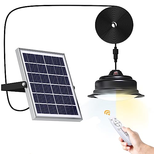 Solar Lights Indoor Outdoor Dual Color Switchable Solar Shed Light with Remote Control Lighting Brightness & Timing Adjustable Solar Powered Pendant Lights for Home Shed Barn Patio Porch Gazebo Deck