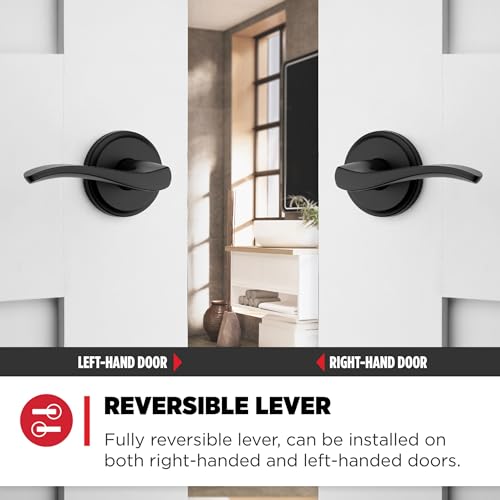 Image of Kwikset Sedona Interior Privacy Door Handle with Lock, Door Lever for Bathroom and Bedroom, Matte Black Reversible Keyless Push Button Lock Door Lever, with Microban Protection