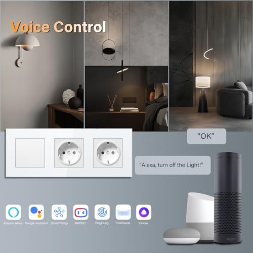 BSEED Doppelt Steckdose mit Lichtschalter Unterputz 1 Fach 1 Weg WIFI Smart Lichtschalter (Neutralleiter Erforderlich), Compatibel mit Alexa/Google Home，228mm，Wei&szlig;