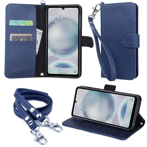 wisers AQUOS sense8 SH-54D SHG11 対応 手帳型スマホケース (ダークブルー) 牛革調PUレザー (カードホルダー/スタンド機能付き) ストラップ 2種付き (ハンドストラップ/ネックストラップ) 2023年 新型