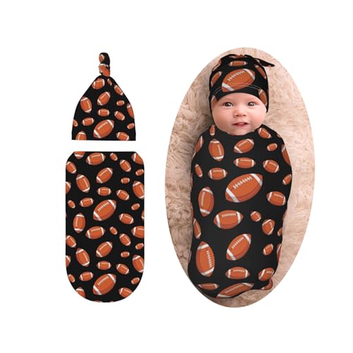 Image of Football Baby Stuff Swaddle Blankets Beanie Hat Sets, Soft and Stretchy Newborn American Football Blanket Swaddle Sack for Baby Shower Infant Boy and Girl