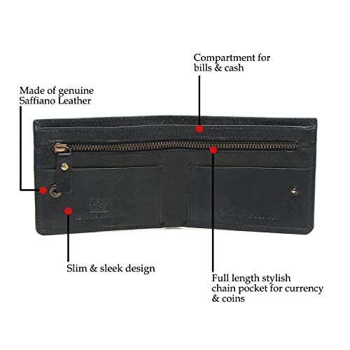 Image of LOUIS STITCH Blue Saffiano Leather Bifold Mens Wallet with 1 Zip Pocket for Cash and Coins, 2 Card Slots and 1 Additional Cash Compartment | RFID Protected Pocket Wallet for Men (WL-SF BU)