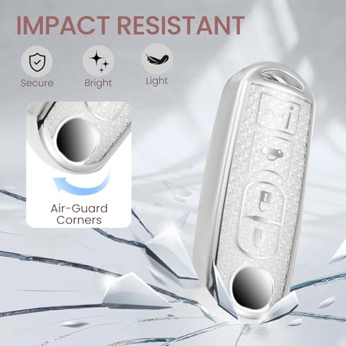 Image of Car Key Fob Cover for Mazda, Rhinestone Wristlet Case, White | Wear-resistant TPU shell, non-stretch rhinestone wristlet, daily splash, scratch and drop protection, normal signal use