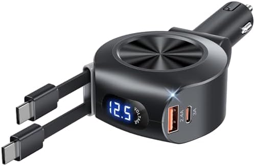 Retractable Car Charger, KOOPAO 69W 4 in 1 Fast Phone Car Charging Adapter, Multi USB C PD and Apple Retractable Cables Cord Compatible with iPhone 16/15/14/13/12/11/Pro Max (Double USB C Cord)