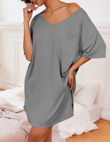 Image of Ekouaer Womens Tshirt Nightgown Cotton V Neck Sleepshirts Comfy Casual Nightshirt for Women