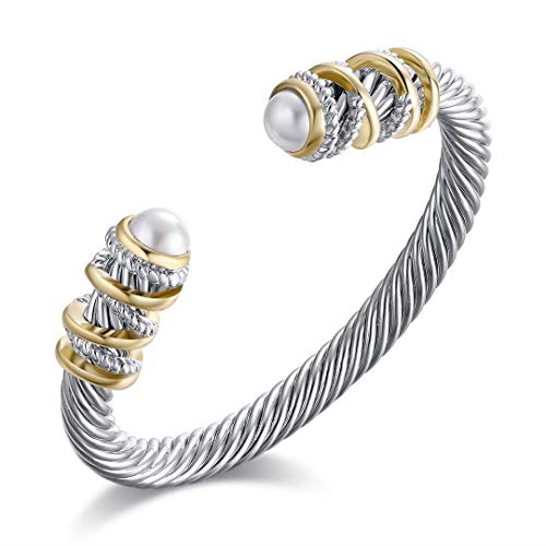 Twisted Cable Bracelet with Composite Shell Pearl Antique Cuff Bracelets for Women, Style 1