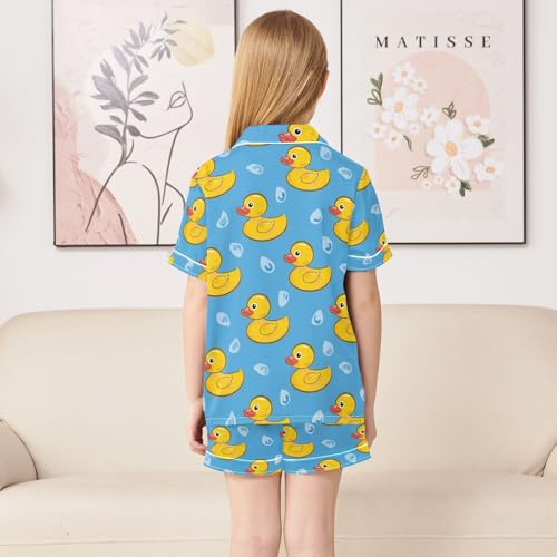 ALAZA Yellow Duck on Blue Cartoon Pajamas Satin Pajama Set Short Sleeve Button Down Sleepwear4