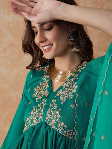 Image of SheWill Women's Vichitra Zari Sequence Embroidery Alia Cut Kurta with Palazzo Dupatta Set
