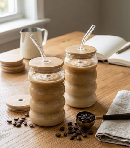 Image of SUANI Bubble Shape Glass Tumbler with Lid and Straw, 500ml Transparent Drinking Glass Cup for Iced Coffee, Cold Coffee, Juice, Smoothies, Milk, Tea and Beverages, Drinking Tumbler Pack of 1