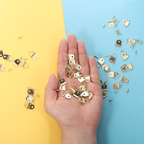 Image of 150pcs Steel Picture Hangers,Golden Picture Hanging Kit,Small Triangle Ring Iron Pictures Hangers with 150 Pieces Screws,D-Ring Pictures Hanger,Heavy Duty Hanging Hooks for Clock,Decoration