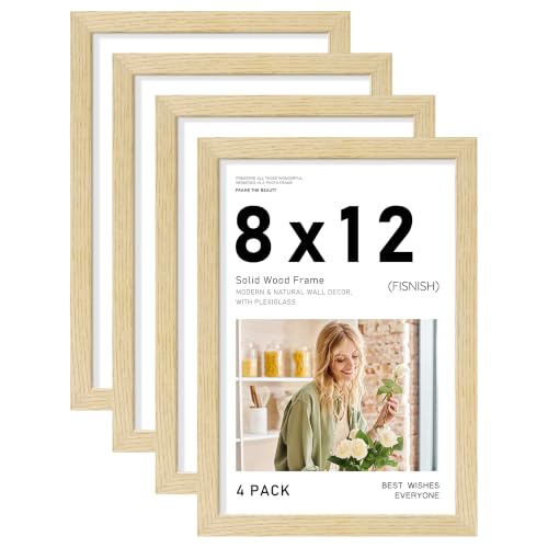 Image of 8x12 Picture Frame Set of 4, Natural Solid Wood Frames, Wall Mount