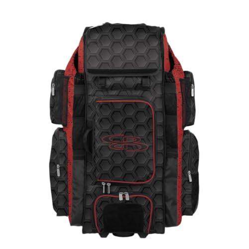 Boombah Superpack XL Rolling Bat Bag - Telescopic Handle - Holds 8 Bats - Wheeled Version - 3DHC Black/Red