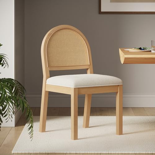 Image of Nathan James Bailey 19 in. Boucle Dining Chair, Upholstered Side Chair with Natural Woven Rattan Back and Solid Wood Legs, Natural Brown /Rattan /Cream Boucle