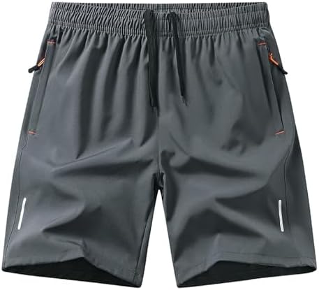 Gym Shorts for Men Quick Dry Athletic Workout Hiking Shorts Casual Elastic Waist Beach Short Pants with Zipper Pockets Gray L