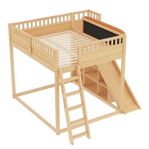 Image of Bellemave Bunk beds Queen Over Queen with Slide and Stair and upholstered headboard, Low bunk /loft beds for Kids，Natural