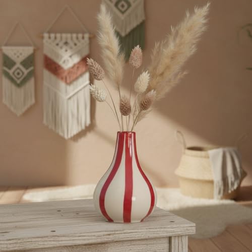 Image of PUREZENTO Red & White Striped 'Tulip Bud' Ceramic Vase 6 Inch (Pack of 1) | Unique Modern Bud Vase for Dried Flowers & Pampas Grass | Vases for Modern Home Decor, Living Room & Office Decor Ideas