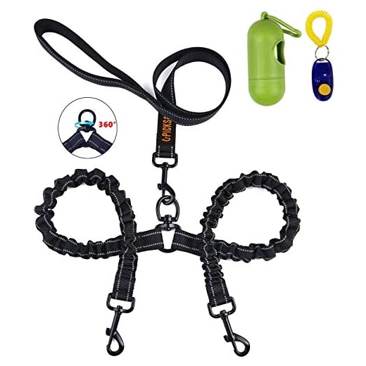 Plomo doble para perros,correa para perro doble Reflexivo Bungee absorbe impactos 360°Sin enredo para dos perros para caminar/entrenamiento con extra adiestrador de perros y bolsa de basura y colector