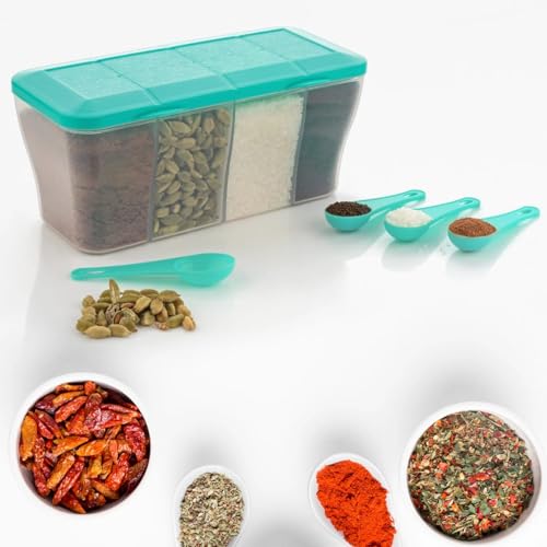 Image of Oblivion Kitchen Airtight Section Storage Container - 6 & 4 Compartment Masala Organizer Box with Spoons for Spices Condiments Seasonings - Square & Round Kitchen Storage Dabba Jar Set (Pack of 2)