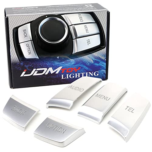 iJDMTOY Premium Satin Silver 5-Button Decoration Trims Compatible with BMW 1 2 3 4 5 7 X Series 5-Key Multimedia iDrive Knob Control Button