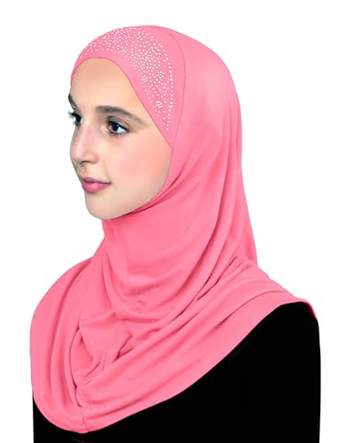 Aiyah Hijab Scarf Big Girls/Kids Pre-teen Headscarf one piece Junior Muslim Amira with Rhinestones (Rose Pink)