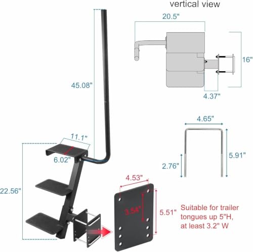 Image of Boat Trailer Step, 3 Steps Ladder for Trailer Tongue with Handrail | Heavy Duty Steel, Widended Steps, Anti-Slip, Triangle Supports, Left or Right Adjustable Handrail, 450lbs Capacity