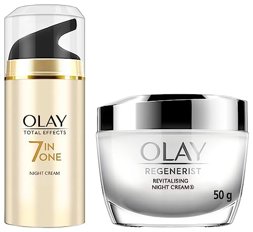 Image of Olay Night Cream Total Effects 7 in 1, Anti-Ageing Moisturiser, 50g & Olay Night Cream Regenerist Deep Hydration Light Cream, 50g