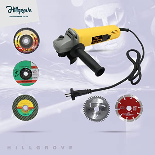 Image of Hillgrove HGCM19M1 Angle Grinder With Gloves And 5Pcs(1Pcs Each) Metal Cutting Wheel, Grinding, Tile Cutting, Wood Cutting, Flap Disk (100 mm Wheel Diameter)