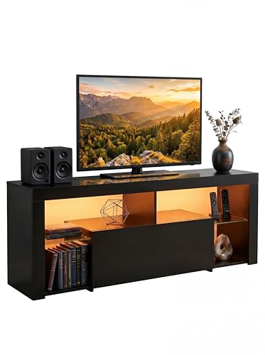 Amveya TV Schrank Schwarz TV Board 140 cm Fernsehschrank mit Glasböden und Schubladen TV Lowboard Matte Schwarzer Sideboard Wohnzimmer Kommode für Fernseher