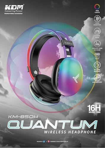 Image of Wireless Headphones, KM-850H Quantum, Bluetooth 5.4, 16 Hours Music Time, Gaming Mode with RGB Lights, Type-C Charging Grey