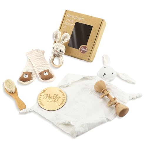 Coffret cadeau pour nouveau-né en bois et coton tissé avec brosse douce