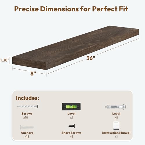 Image of Vivelove Elm Wood Floating Shelf 36x8 inch Set of 2, Dark Walnut