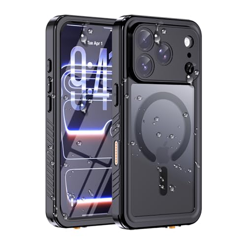 Hualele Magnetic for iPhone 17 Pro Case Waterproof Compatible with MagSafe Built in Lens & Screen Protector Translucent Matte Hard Back Full Body Protection IP68 Underwater Phone Cover Black