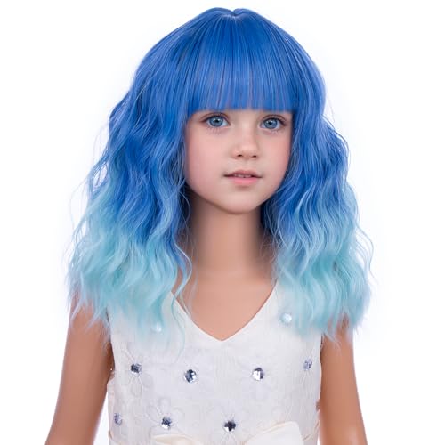 Image of PATTNIUM Ombre Blue Wig with Bangs for Women Short Blue Wavy Curly Wig Bob Wigs Synthetic Halloween Cosplay Costume Wigs