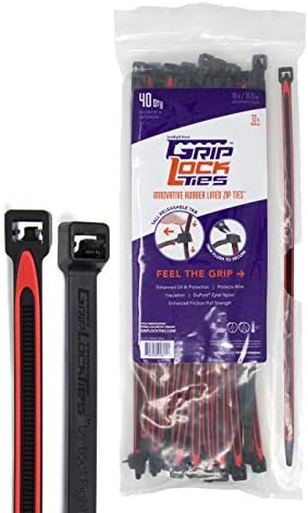 GripLockTies, Releasable, Re-Usable, Zip Ties, Industrial Grade, Extra Grip, Rubber Lined, Durable, 12 Inches Long (40, Red)