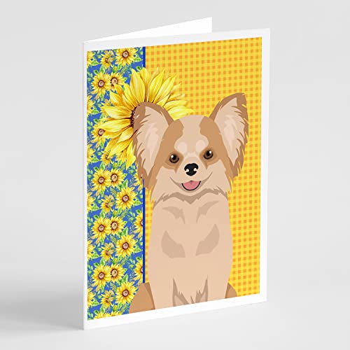 Caroline's Treasures WDK5359GCA7P Summer Sunflowers Longhaired Gold and White Chihuahua Greeting Cards and Envelopes Pack of 8 Blank Cards with Envelopes Whimsical A7 Size 5x7 Blank Note Cards