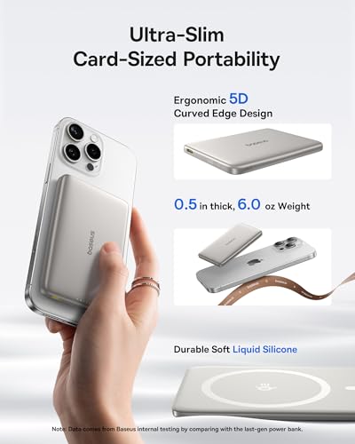 Image of Baseus Picogo Magsafe Portable Charger, Qi2 15W 0.5 inch Ultra Slim 10000mAh Wireless Power Bank, 27W Fast Charging Magnetic Battery Pack with USB-C for iPhone 17 Pro Max /17 Pro /Air /16 /15 /14 /13 /12